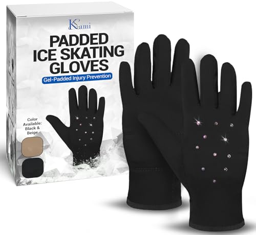 Kami-So Competition Ice Skating Jeweled Gloves | Figure Skating Gloves with Gel Wrist Protection and Crystals | Figure Skate Gear and Accessories for Practice - Medium, Black (Waterproof)