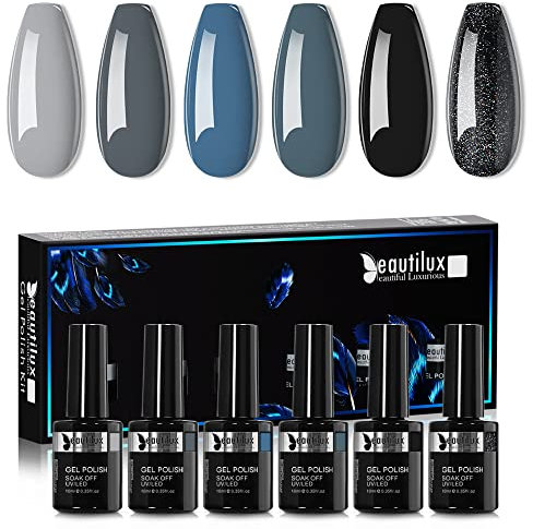 Beautilux UV Nagellack Schwarze Graue, 6 Farben 10ml Soak Off Schwarze Gel Nagellack Set für Home-Maniküre Nail Art Maniküre (Schwarze Graue Serie)