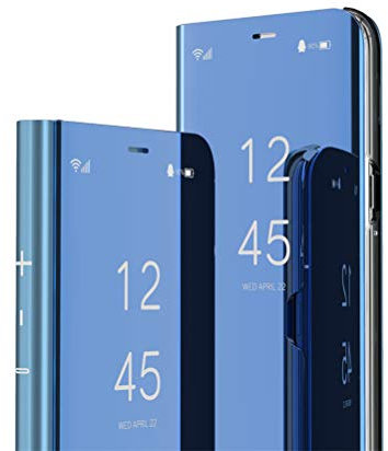 COTDINFOR Compatible with iPhone 13 Pro Max Shell Case Makeup Cover Clear View Bright Folding Kickstand Protective Standing Phone Cover for iPhone 13 Pro Max Case Flip Mirror PU Blue MX.
