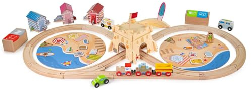 Bigjigs Rail, Küstenreinigungs-Zugset, Holz-Eisenbahnset, Spielzeug für 3 4 5 6-Jährige, Traditionell