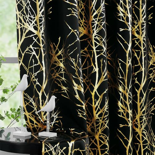 Fmfunctex Black Gold Blackout Curtains for Living Room 90 inch Drop Eyelet Curtains for Bedroom Tree Branch Foil Thermal Insulated Window Curtain Panels 2 Panels
