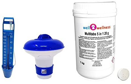 well2wellness® Poolzubehör Set/Pool Starter Set A Basic 3-teilig mit 1kg Multitabs 5in1 20g, Thermometer blau + Dosierer