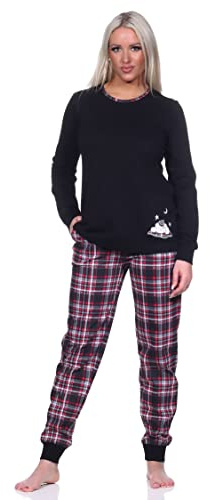 Normann Damen Schlafanzug mit Bündchen mit Karohose und süßem Tiermotiv - auch in Übergrößen