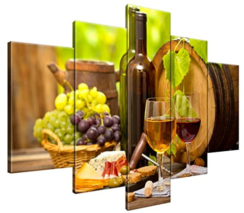 Estika Leinwand bilder - Wein, Käseplatte - 150x105 cm, 5 teilige kunstdruck - Wandbilder wohnzimmer, schlafzimmer, Moderne wanddeko, Bild auf leinwand - Küche, Restaurant bilder - 2231A_5H