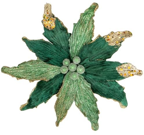 Briful 4 Flores Artificiales Verdes de Pascua Con Purpurina de 12 Pulgadas - Decoración de Árbol de Navidad, Pascua Falsas Grandes, Arreglos Artificiales Para Navidad