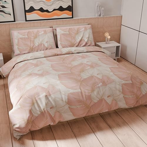 PETTI Artigiani Italiani - Set Copripiumino Una piazza e mezza 200x200 cm (1 Federa 50x80 cm Inclusa), Parure Copripiumino Morbida Microfibra con Stampa Digitale - Made in Italy - Tropical Cipria O