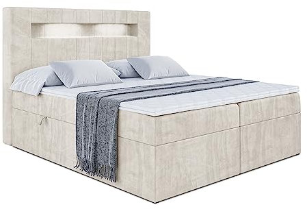 ALTDECOR Boxspringbett mit Multipocket-Matratze H4 (20 cm hoch) mit + PUR + Kokosmatte, Topper (4 cm hoch), Polsterbett mit Kopfteil und Bettkasten mit LED-ORGOL 2-140x200 Beige Samt