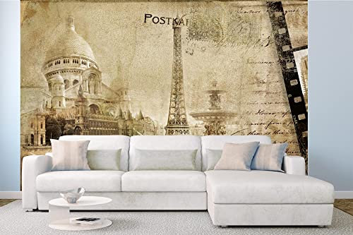 Vlies Fototapete RETRO PARIS-POSTKARTE 375 x 250 cm (inkl. Kleister) - Vlies Tapete, Wandtapete, Wandbilder - Tapete für Wohnzimmer Schlafzimmer, Büro, Küche - Montagefertig