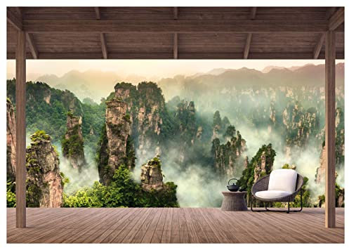 wandmotiv24 Fototapete Ausblick Terrasse Berge Asien, 400 x 280 cm - selbstklebende Vliestapete 150g, Wanddeko, Wandbild, Wandtapete, Sessel Teekanne Holz Pergola Bäume China M6845