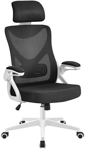 Yaheetech Bürostuhl Ergonomisch, Schreibtischstuhl mit Hochklappbaren Armlehnen, Drehstuhl mit Rückenlehne und Verstellbarer Kopfstütze, Chefsessel Wippfunktion, bis 136 kg Belastbar Weiß/Schwarz