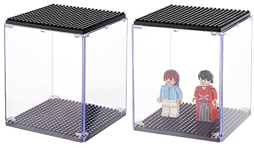 FINGERINSPIRE 2 Stück Acryl Stapelbar Modell Vitrine Minifiguren Baustein Vitrine Mit Schwarzem Sockel 80x80x100 mm Staubdichte Vitrine Cube Display Box Für Minifiguren Figur Zusammenbauen