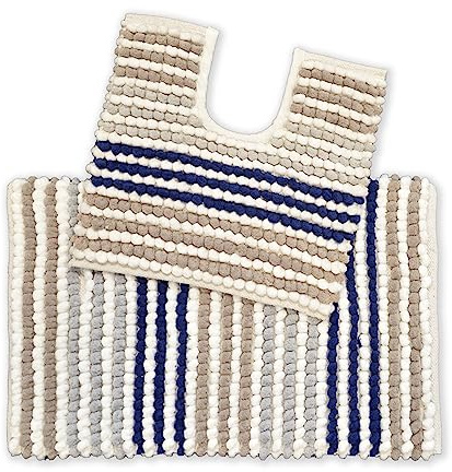Allure Striped Chunky Bobble Two Piece Bath Mat & Toilet Mat Set, Handwoven, Cotton Blend, Pom-Pom Design (Navy)
