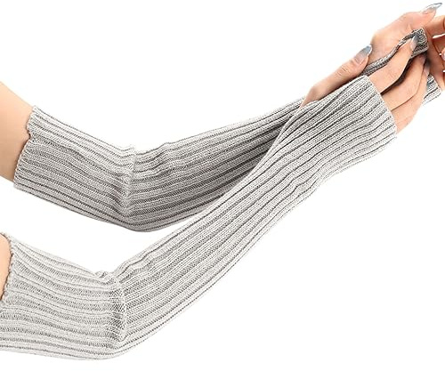 Suxgumoe Women Arm Warmers, Knitted Long Sleeve Fingerless Gloves Mittens Winter Wrist Warmers with Thumb Hole for Ladies Girls (B Light Grey)