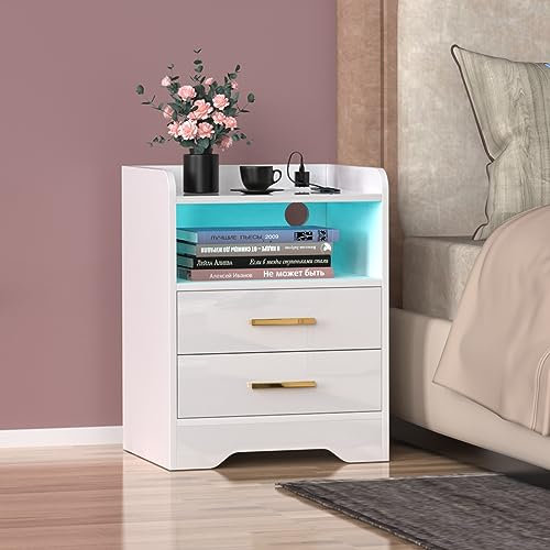 Lvhecforhm Weiß Nachttisch, Moderner Nachtschrank, Nachtkästchen, Nachttisch mit Großen Stauraum, Nachttisch mit Goldenen Griffen, Nachtkommode mit 2 Schubladen für Wohnzimmer, Schlafzimmer 45x40x58cm