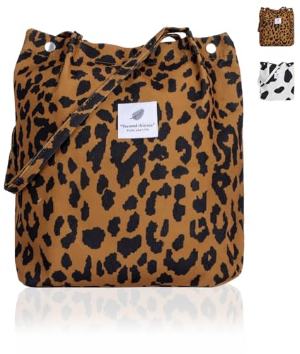 Damen Umhängetasche Cord Tasche Groß Stoff Beuteltasche Lässige Canvas Tasche Cord Fashion Schultertasche Tote Handtasche Shopper Bag für Alltag Büro Schule Reise Einkaufen（Leopardenmuster）