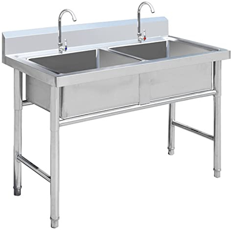 Doppelwaschbecken, Wäschewanne, freistehendes Spülbecken aus Edelstahl 304, Küchenspüle, mit Kalt- und Warmwasser, 1 Fach, für Restaurant, Außenbereich (99,3 x 59,9 cm)