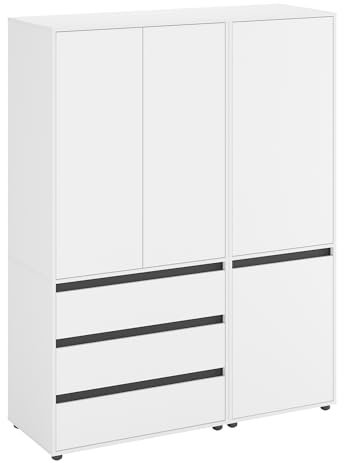 KOMTO Kleiderschrank Groß in Weiß - Schrank Schlafzimmer Kinderzimmer Mehrzweckschrank mit 4-türig & 3 Schubladen Garderobenschrank Flur | Drehtürenschrank Cube 150 x 192 x 53 cm