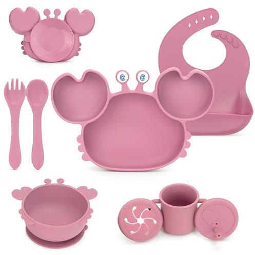 MOJINL Lot de 8 couverts pour bébé en silicone avec ventouse, sans BPA, avec assiette, cuillère, fourchette, bol, bavoir, gobelet d'apprentissage, pour bébé fille et garçon