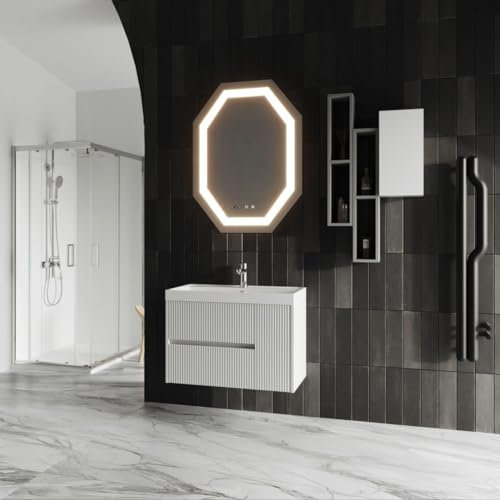 KIAMAMI VALENTINA Möbelset für das Badezimmer in weiß geriffelt und Led Lichtspiegel | Cortina