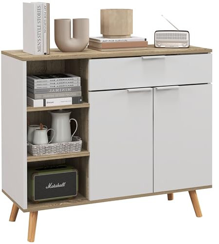 HOMCOM Mobile Multiuso Salvaspazio con 3 Ripiani Aperti, Armadietto e Cassetto, Credenza Moderna in Truciolato e Legno di Pino, 95x35x85 cm, Bianco e color Legno