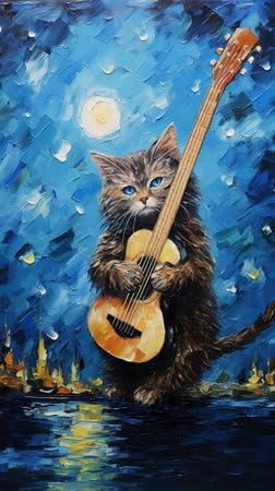 adrium Acryl-Bild 30 x 50 cm: Skizze einer Katze mit Gitarre vor blauem Himmel. (213163139)