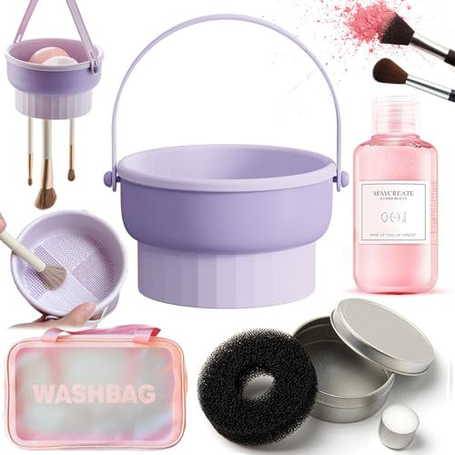 3-en-1 Nettoyage Pinceaux Maquillage Silicone Outil de Brosse de Maquillage en Silicone Portable Tapis en Silicone Éponge Nettoyage Boîte 150ml Nettoyant Pour Pinceaux de Maquillage (Violet)