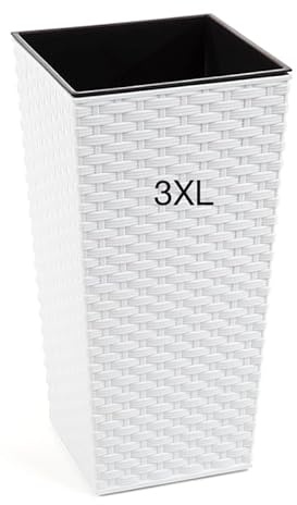 MELTOM Pflanzkübel Eckig Rattanoptik Höhe 75 cm Weiß Blumenkübel | Herausnehmbarer Einsatz 40 L, 100 L Volumen, 38,5 x 38,5 cm, Kunststoff, wasserdicht ohne Abflussloch