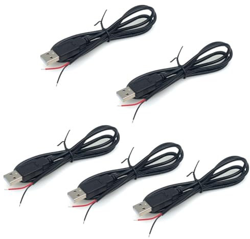 PENGLIN 5PCS 3.2FT 22AWG USB 2.0 Male 2 Core Pigtail Cable - 3A 5V USB Type A Male to 2 Pins Bare Wire Open End Extension Cable for DIY Repair