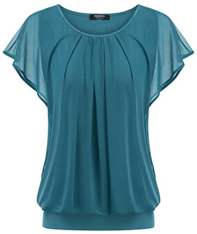Zeagoo Womens Summer Tops Ruffle Short Sleeve T-Shirt Flowy Mesh Shirts | Loose Pleated Floral Double Layers Top| Bubble Hem Tops| With Elasticated Waist| Crew Neck Tunic Tops| S-3XL
