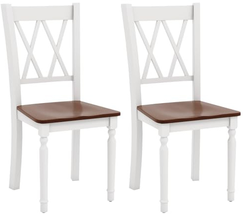 Giantex Dining Room Chairs Set of 2 White, Wooden Farmhouse Kitchen Chairs with Rubber Wood Seat, Acacia Wood Legs, Max Load 360 Lbs, Heavy Duty Wood Armless Dining Chairs with High Back