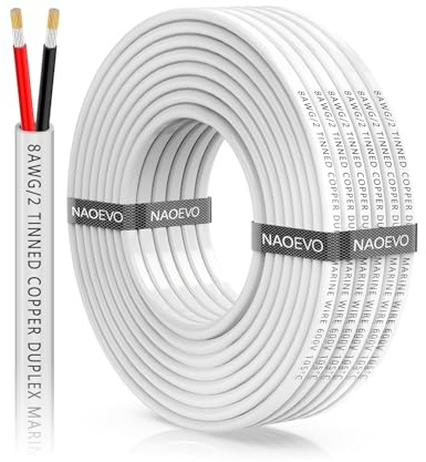 NAOEVO 8 Gauge Marine Wire Duplex, 8 AWG Stranded PVC Marine Electrical Wire, Waterproof/Corrosion Resistant/Tinned Copper Electrical Cable for Boat/Automotive/RV/Solar (30FT)