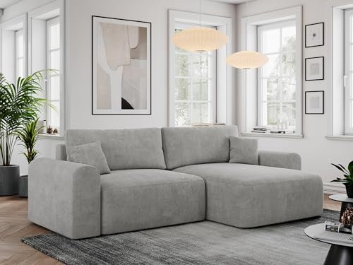 MKS MEBLE Sofa L-Form, Ecksofa mit Schlaffunktion, Wohnlandschaft L-Form mit Kissen, Couch L-Form - Nelson - Hellgrau Struktur