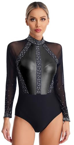 iEFiEL Turnanzug für Damen Langarm Gymnastikbody mit Strass Patchwork Metallic Tanzbody Ballett Trikotanzug Wettbewerb Leotards Schwarz XL