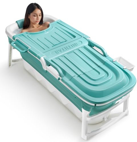 Warmiehomy 152 x 62 x 54cm Foldable Bathtub Adults, Portable Folding Bathtub with Cover, Soap Basket, Neck Pillow, Massage Rollers, Bathroom Warm Spa Sauna for Adults Kids,Green