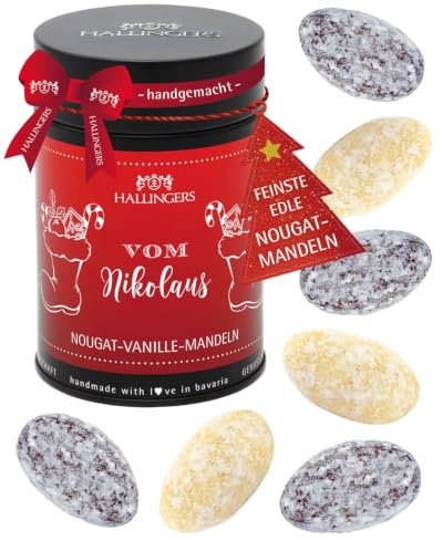 Hallingers Genuss Manufaktur Nougat-Mandeln Weihnachts-Geschenk - von Hand in der Manufaktur schokoliert ohne Alkohol in der Geschenkdose Vom Nikolaus, Weihnachten für Frauen Männer