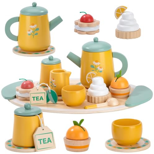 Dinette Enfant Bois Service à Thé Jouet en Bois Jeux de Rôle Fille Jeux de Cuisine pour Enfants Filles Garçons 3-8 Ans Cadeau de Noël