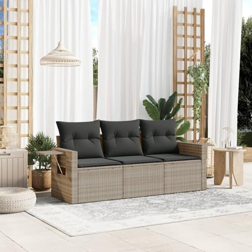 Homgoday Set aus 3252199 Sofabett, modernes Sofa-Set für den Außenbereich, Gartenmöbel, 3-teiliges Set mit hellgrauen Kissen, Polyrattan, Modell 3252199