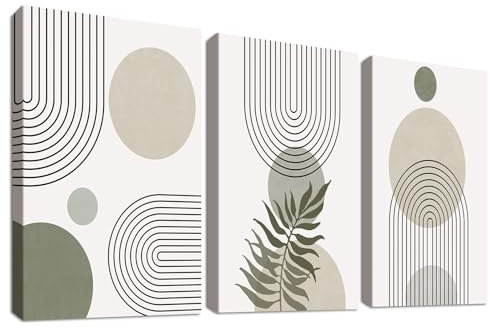 3Pcs Cadre en Bois Impression sur Toile Abstrait Boho Vert Sauge Tableau Image sur Toile Ligne géométrique Beige Vert Tableau Decoration Murale Salon Chambre Salle de Bain 150x70cm(20x28x3)