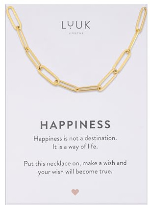 LUUK LIFESTYLE Collana con ciondolo diverso e acciaio inossidabile 50 cm, con carta HAPPINESS, idea regali donna, lei, ragazza, compleanno, natale, portafortuna, gioielli elegante, argento, or, rosa