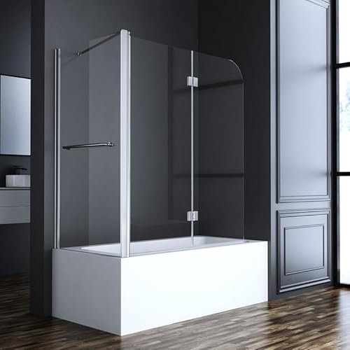 Duschwand für Badewanne mit Seitenwand 75x120x140cm 2-teilig faltbar, Glas Badewannenaufsatz Duschabtrennung Duschtrennwand mit 6mm ESG Nano Sicherheitsglas, Seitenwand mit Handtuchhalter