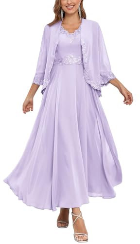 KURFACE Lilac Mother of Groom Dresses for Women with Jackets Lace Applique Long Sleeve Mother of Bride Dress UK12