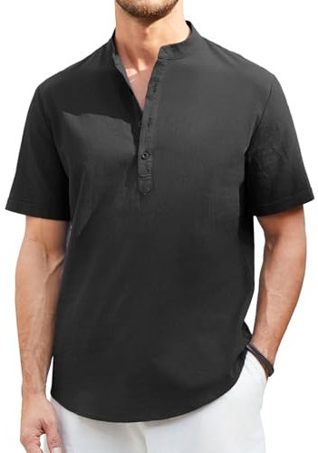 Enlision Mens Linen Shirt Short Sleeve Black Grandad T-Shirts Summer Casual Beach Holiday Shirts for Men Cheesecloth Henley L