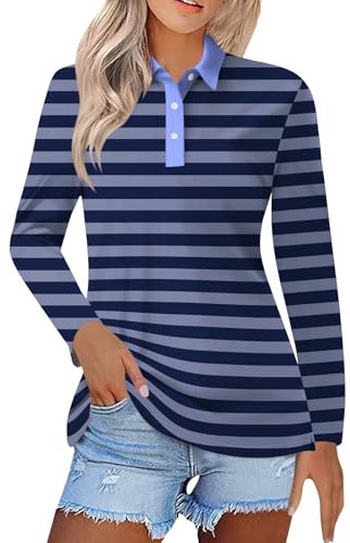 Womens Striped Polo Shirts Ladies Jumpers Long Sleeve Lapel Casual Color Block Patchwork Work Shirts Tops Outdoor Breathable Lightweight Performance Sport Golf Tennis T Shirts Dark Blue