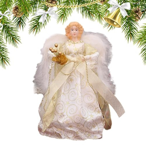 Euyehn Topper con angelo per albero di Natale | Elegante bambola d'angelo di Natale con ali di piume bianche - Ornamento puntale per albero di Natale con statuetta di angelo da 7,08 pollici per la