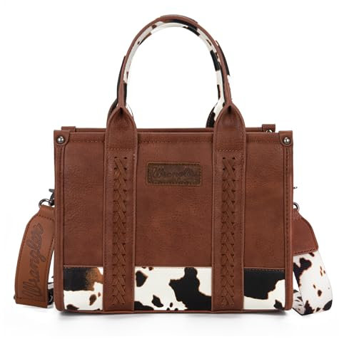 Wrangler Tragetasche mit Kuh-Aufdruck für Damen, Western-Geldbörse, Boho-Stil, Griff oben, Handtasche mit charakteristischem Riemen, Kuhmuster, Braun