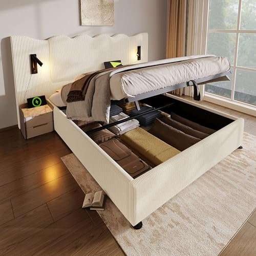 Zravenna Boxspringbett 180x200 mit Bettkasten, Polsterbett Doppelbett mit Lesel/ampe und US/B, Breitohrbett Kopfteil Gepolstert, Stauraumbett mit Lattenrost, Cordstoff, Beige
