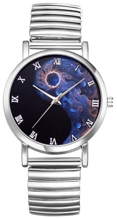 JewelryWe Damenuhr Yin-Yang Elastische Uhren: Tai Chi Yin und Yang Wolkenmuster Analog Quarz Armbanduhr Damen Silber Edelstahl Stretch Armband Lässige Uhr mit Zugarmband und Römischen Ziffern