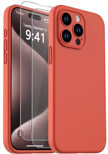 CASELIVE for iPhone 15 Pro Max Case, Liquid Silicone Case with [Tempered Glass Screen Protector] Full Body Shockproof Anti-Scratch Soft Microfiber Lining Cover for iPhone 15 Pro Max 6.7''(Orange Pink)