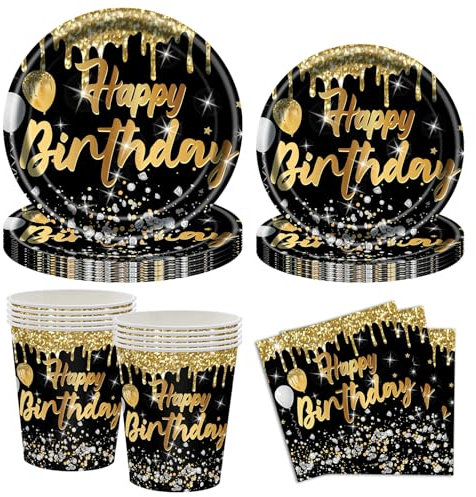 50 Stück Schwarze Gold Partygeschirr Set,Partyzubehör Pappteller Geburtstag Party Deko Set mit Servietten für Geburtstagsdeko Junge Mädchen Partys,10 Gäste