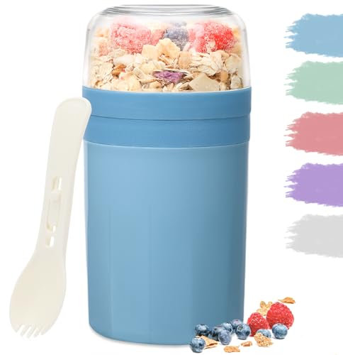 Bugucat Taza de Yogur 520ML+250ML, Porta Yogur y Fruta Vaso de Cereales para Llevar con Tapas y Cuchara, Reutilizable Porta Vaso Portátil Taza de Cereales con Recipiente para Ensaladas,Azul